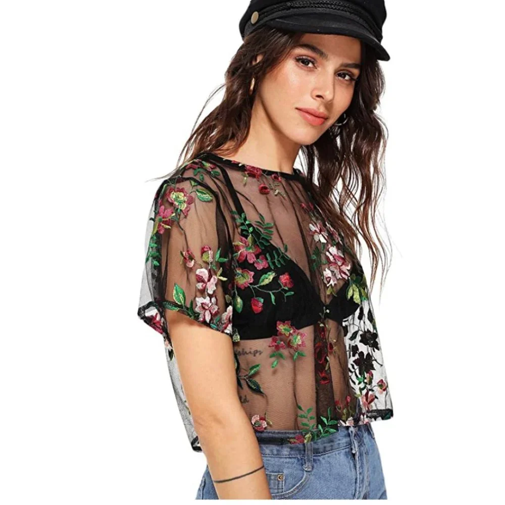 Black Floral Rose Embroidered Transparent Mesh Short Sleeve Crop Top - Picture 2 of 6